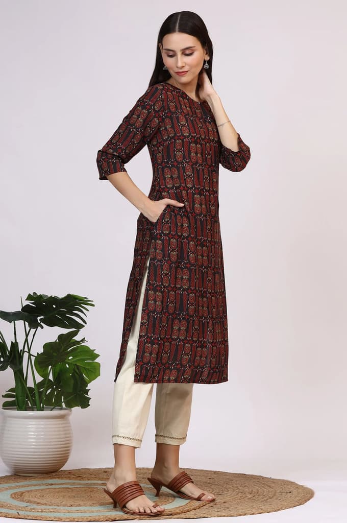 Dark Brown Paisley Printed Modal Straight Kurta — photo 8