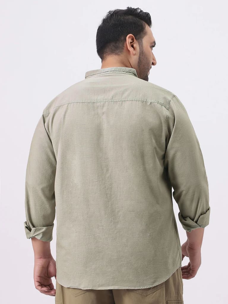 Plus Men's Light Olive Cotton Full Sleeve Regular Fit Casual Solid Shirt with Band Collar — photo 3