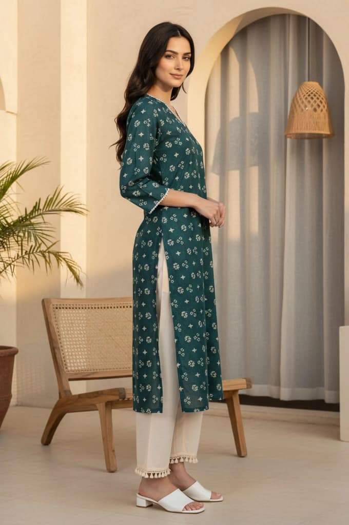 Teal Green Geometric Printed Lace Pure Cotton Straight Kurta — photo 5