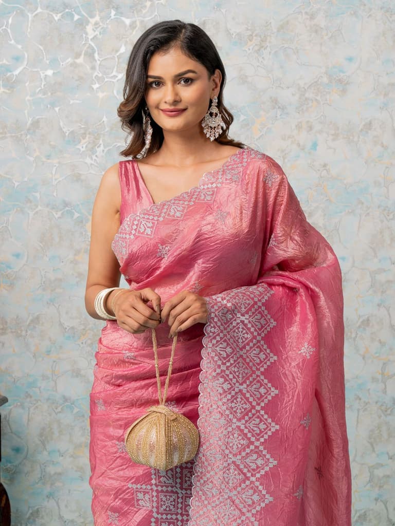 Mimosa Women's Woven Design Banarasi Style Tissue Crush Saree With Blouse Piece : SA00002015STFREE — Strawberry