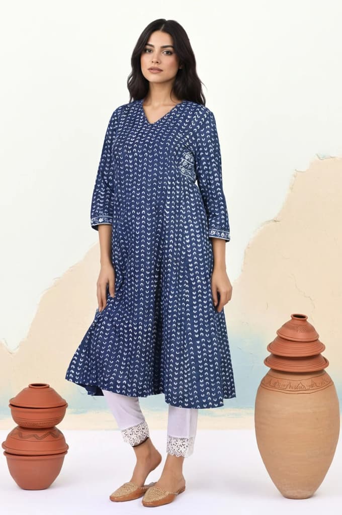 Blue Geometric Dabu Printed Mirror Work A-Line Cotton Kurta — photo 6