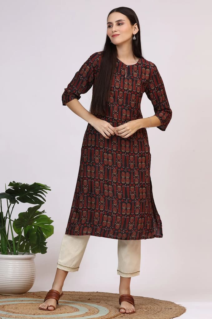 Dark Brown Paisley Printed Modal Straight Kurta — photo 2