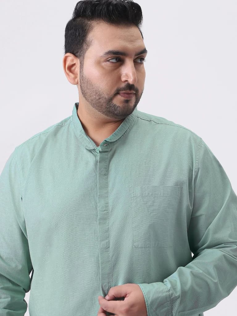 Plus Men's Mint Cotton Full Sleeve Regular Fit Casual Solid Shirt with Band Collar — photo 5