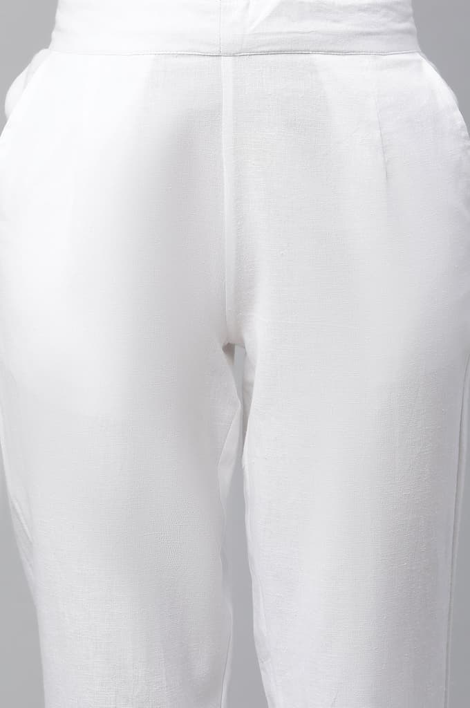 White Solid Straight Fit Cotton Trousers With Lace Inserts — photo 7