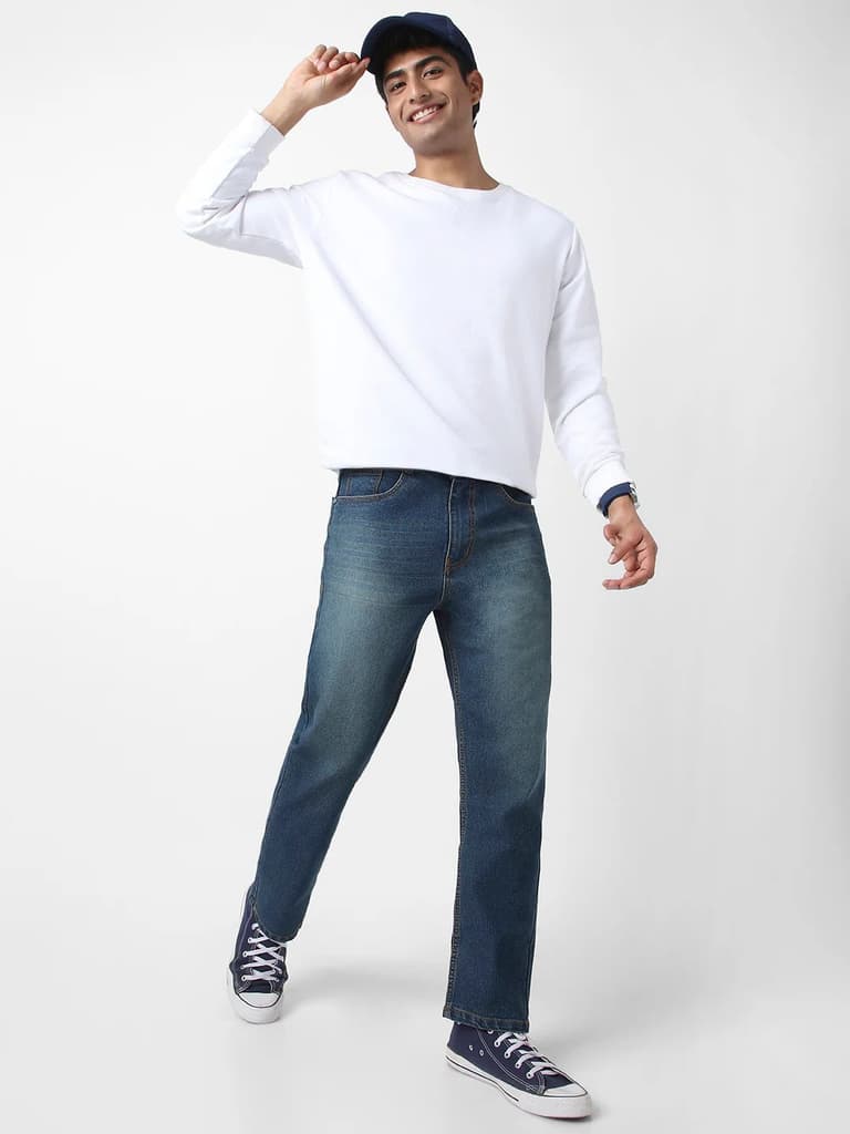 Men's Blue Straight Fit Washed Jeans Stretchable — photo 4