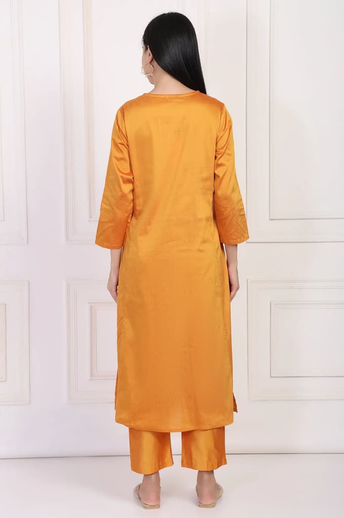 Orange Embroidered Flared Satin Kurta with Straight Pant Set — photo 5