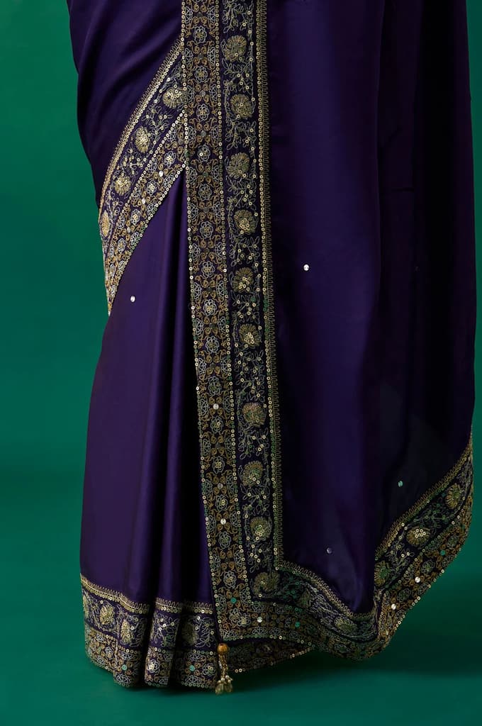 Purple Embroidered Zari Work Banarasi Satin Saree with Unstitched Blouse — photo 5