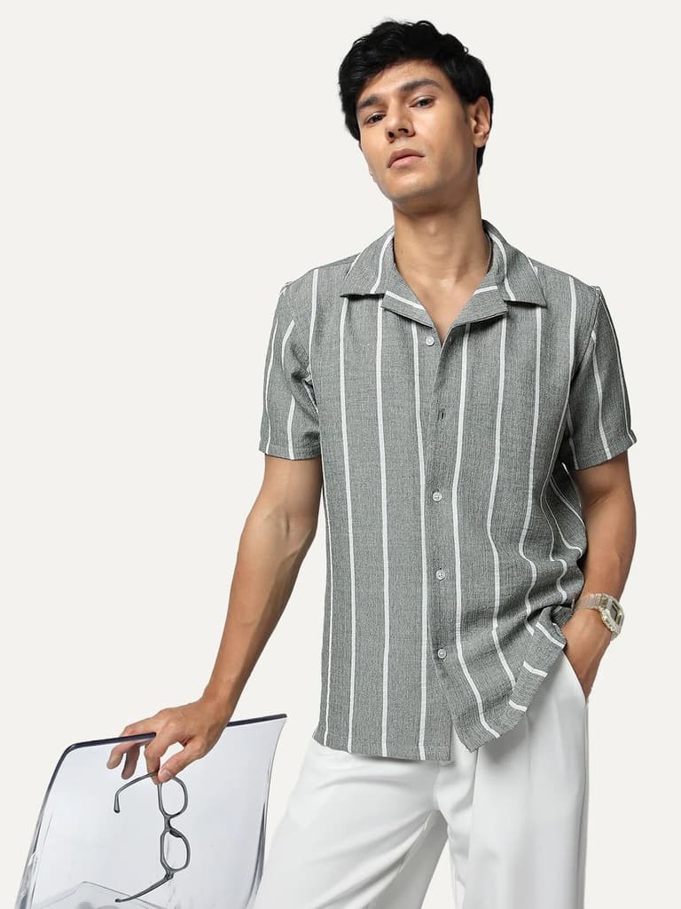 Men's Steel Cotton Half Sleeve Relaxed Fit Linen Striped Shirt with Cuban Collar — photo 2