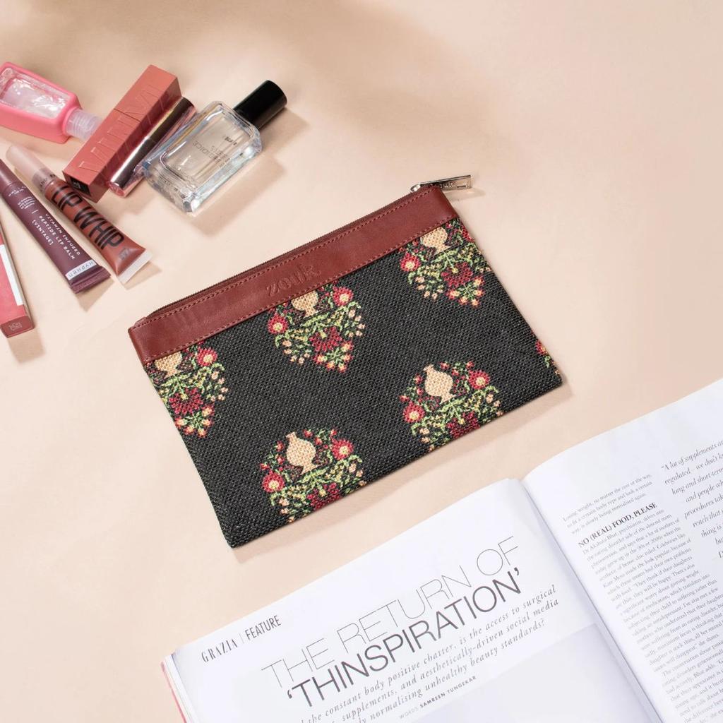 Royal Green Mogra Print Cosmetic Pouch