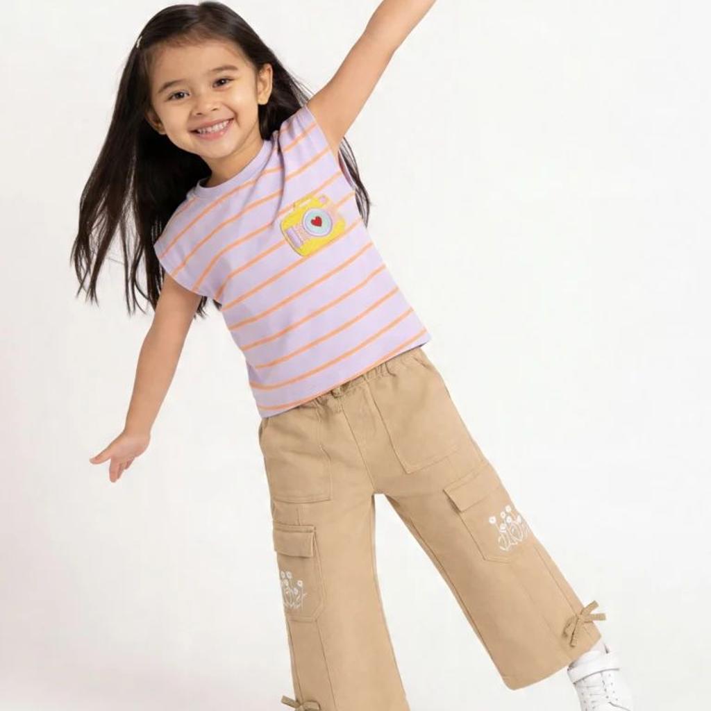 HOP Kids Girls Lilac Striped Cotton T-Shirt
