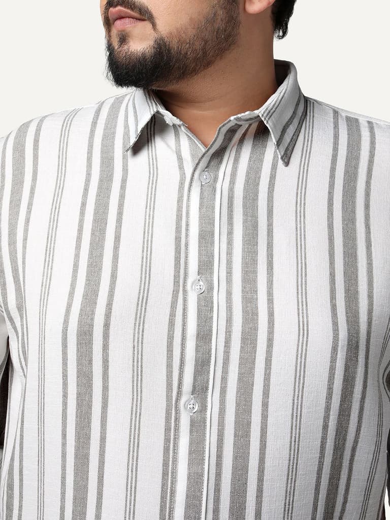 Plus Men's Grey Cotton Full Sleeve Relaxed Fit Linen Striped Shirt with Spread Collar — photo 5