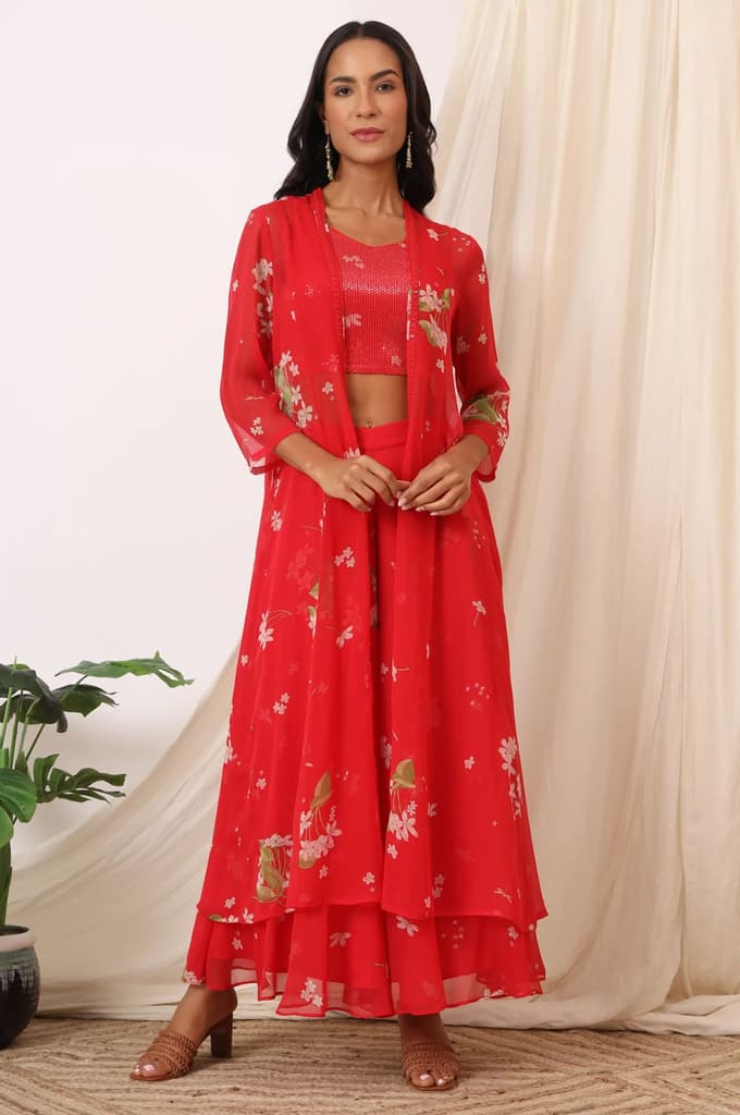Red Floral Printed Chiffon Jacket, Crop Top and Culottes Set — photo 2