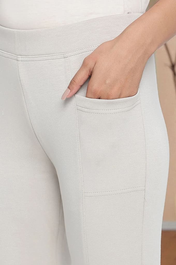 Tan Solid Mid Rise Tights in Calf Length — photo 7