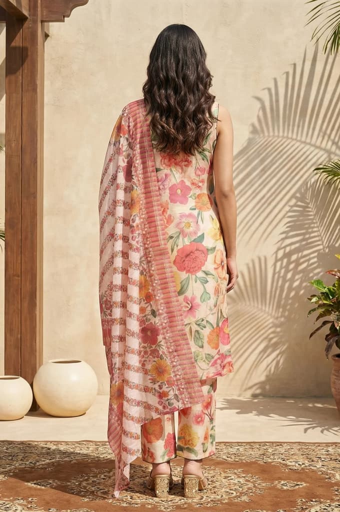 Pink Floral Printed Straight Kurta with Pants and Dupatta Set — photo 4