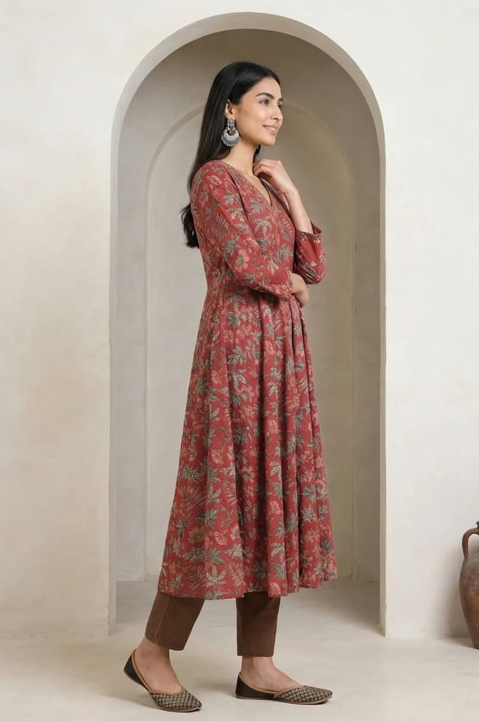 Maroon Floral Printed Embroidered Pure Cotton A-line Kurta — photo 6