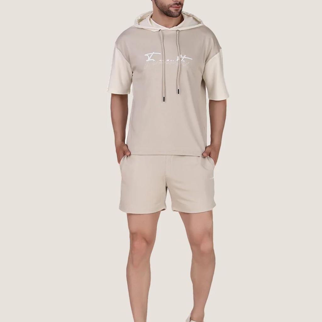 Unisex Ecru Colourblock Half Sleeve Co-Ord Set