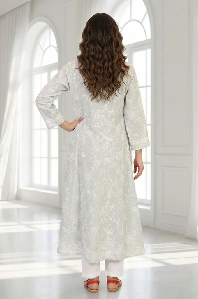 Grey Floral Printed Pure Cotton A-line Kurta with Lace — photo 4