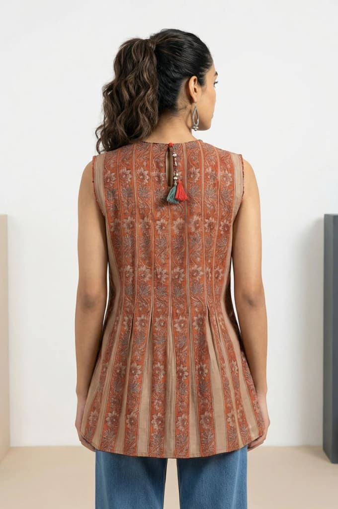 Rust Block Floral Printed Cotton Blend Pleated Sleeveless Top — photo 4
