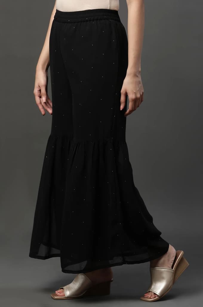 Black Polka Dots Printed Flared Georgette Sharara With Elasticated Waist — photo 3
