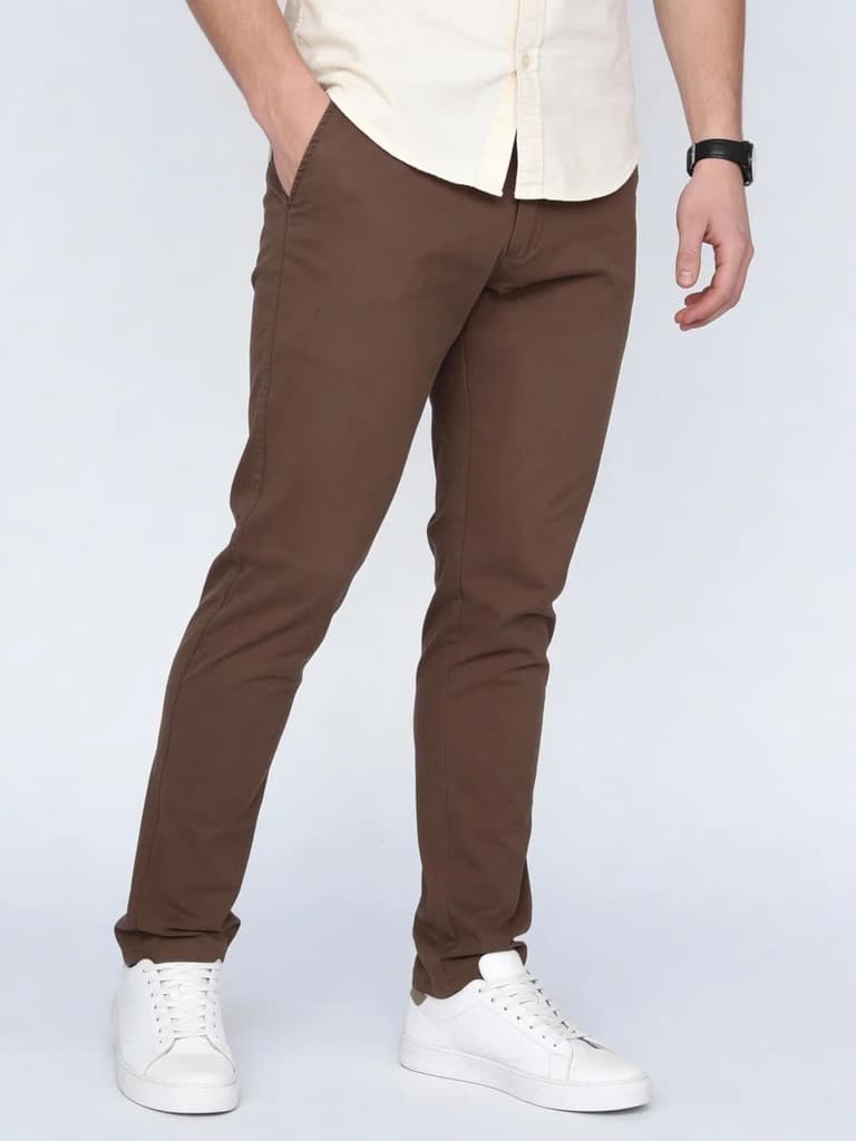 Men's Dark Taupe Straight Fit Mid Rise Cotton Casual Chinos Trousers Stretch — photo 2