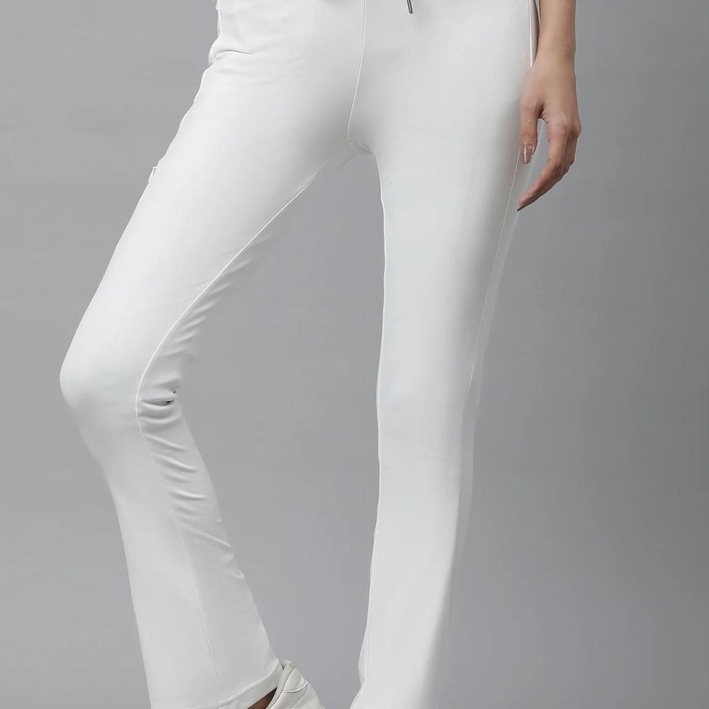 White Solid Boot Cut Pants With Drawstring