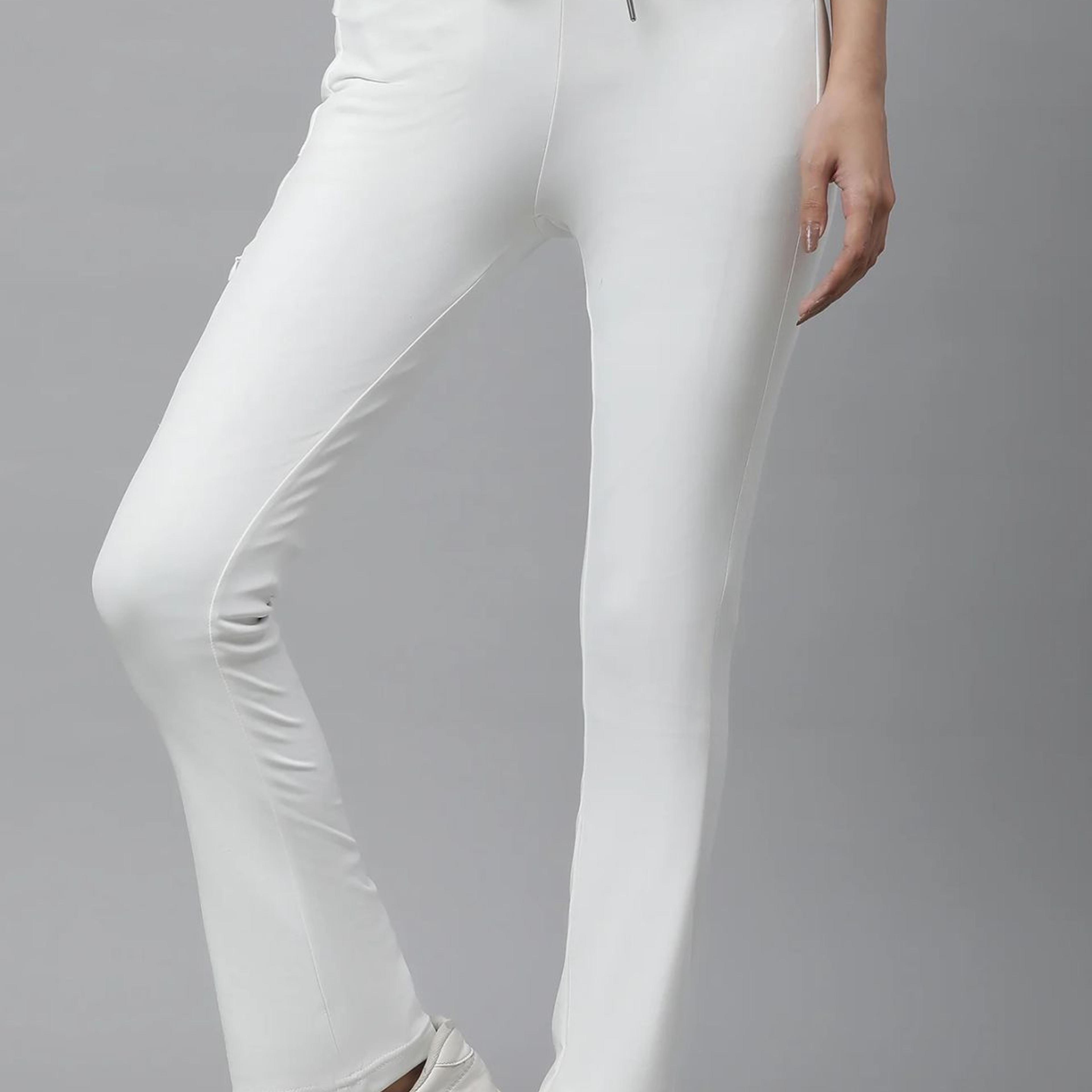White Solid Boot Cut Pants With Drawstring