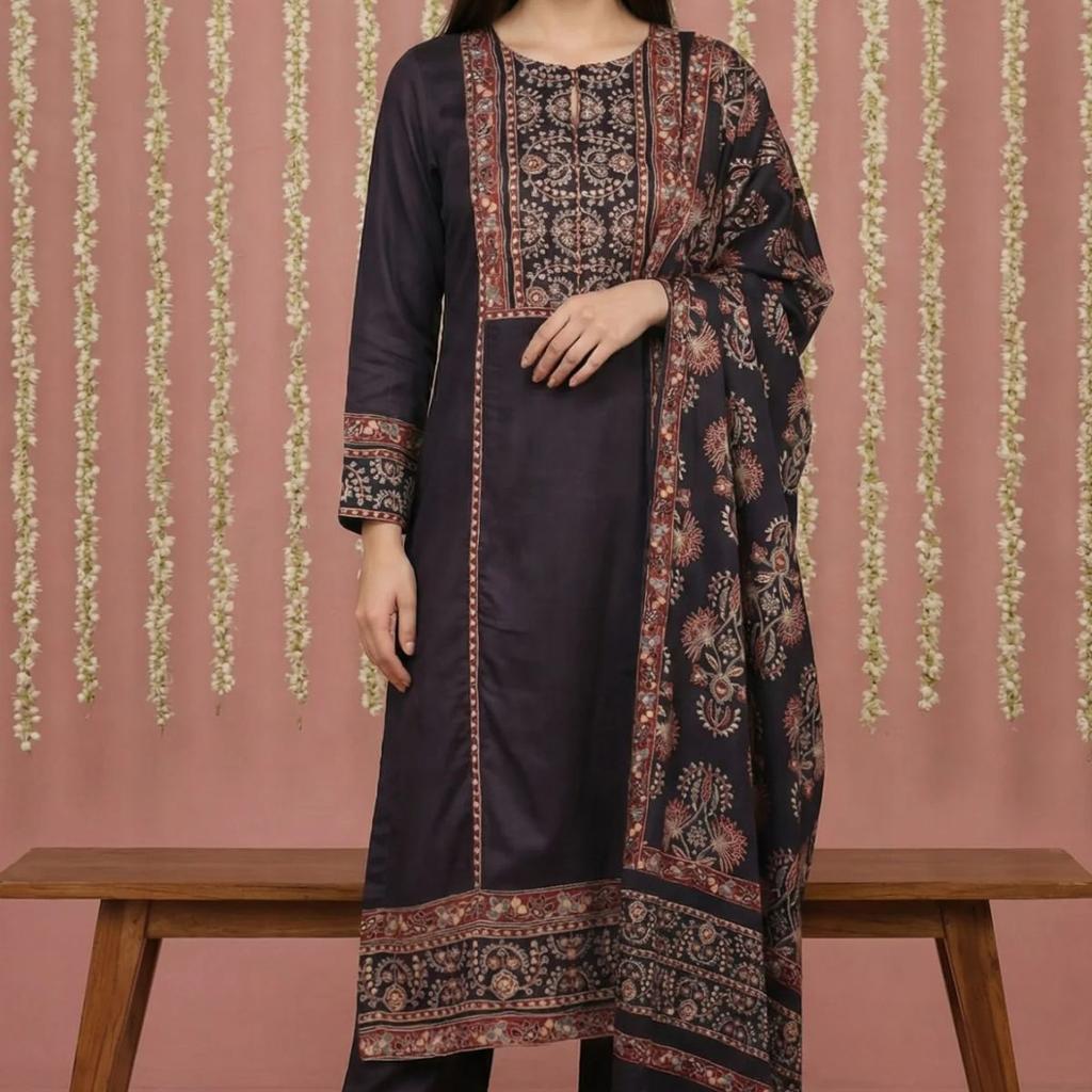 Black Floral Printed Satin Straight Kurta with Parallel Pant and Dupatta Set