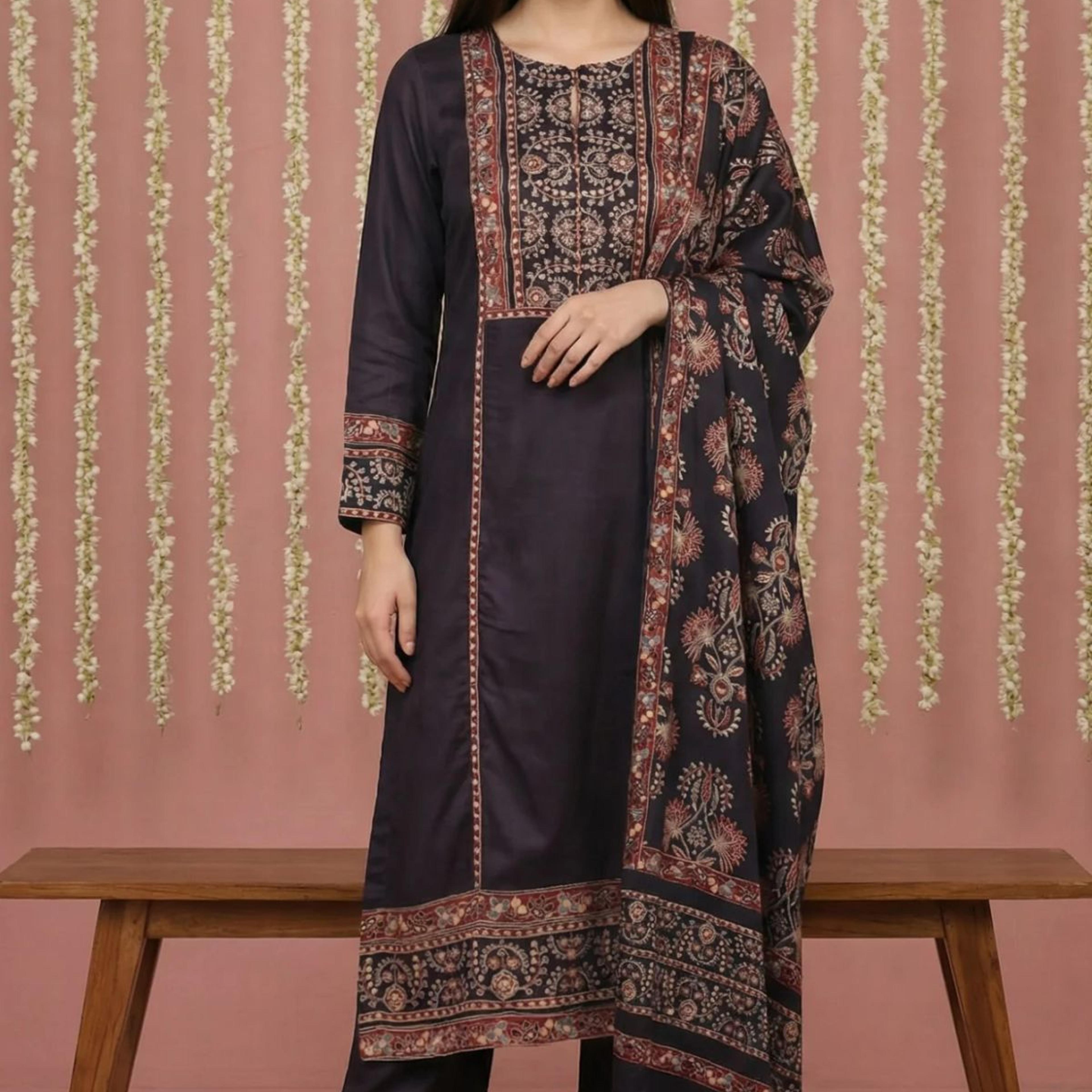 Black Floral Printed Satin Straight Kurta with Parallel Pant and Dupatta Set