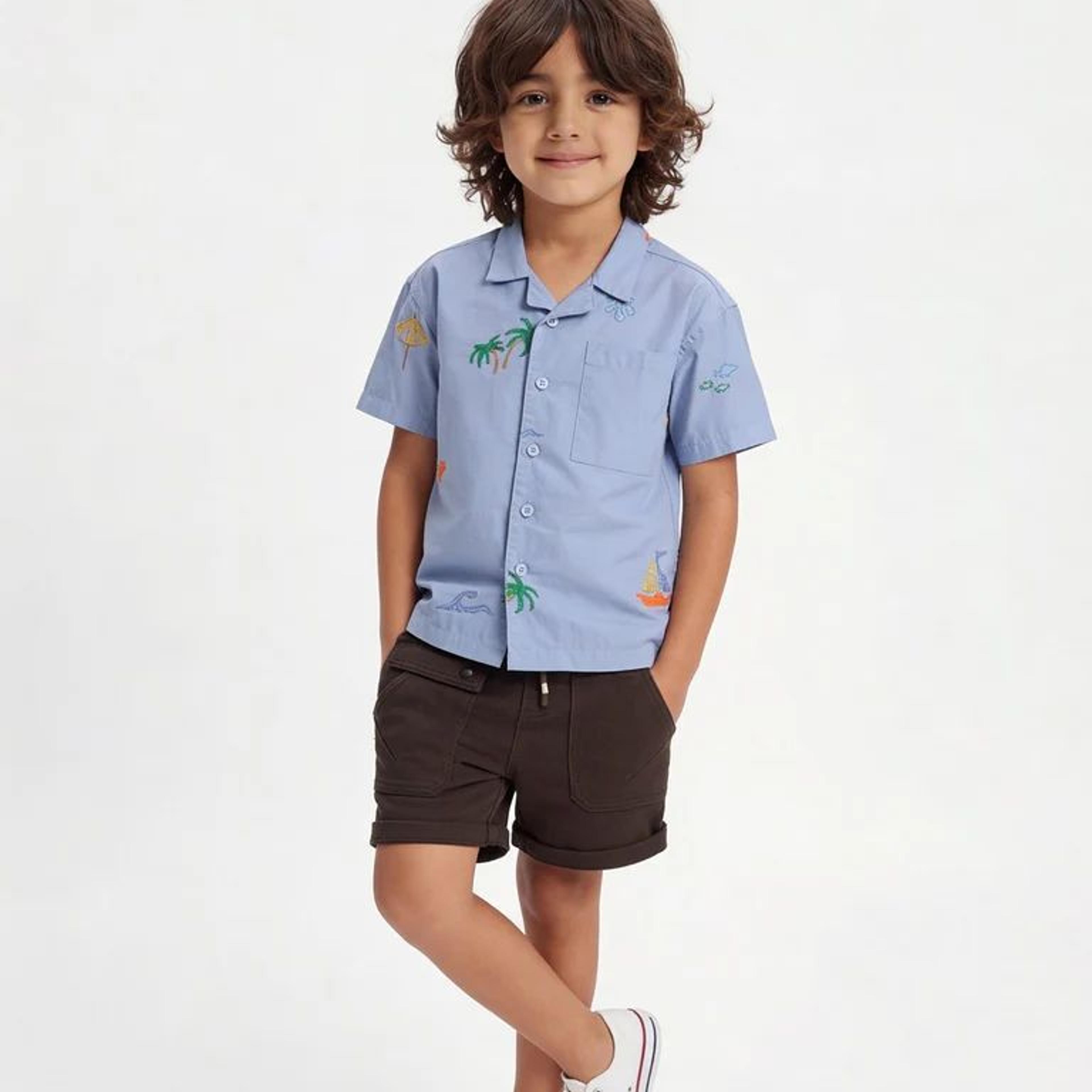 HOP Kids Boys Blue Beach Embroidered Cotton Shirt