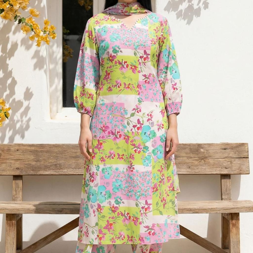 Multicolor Floral Printed Beadwork Modal Straight Kurta with Gathered Pant and Dupatta Set