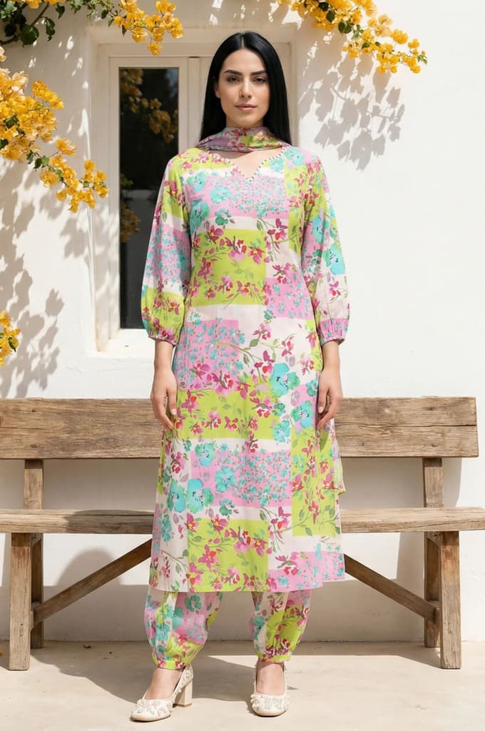 Multicolor Floral Printed Beadwork Modal Straight Kurta with Gathered Pant and Dupatta Set — XS