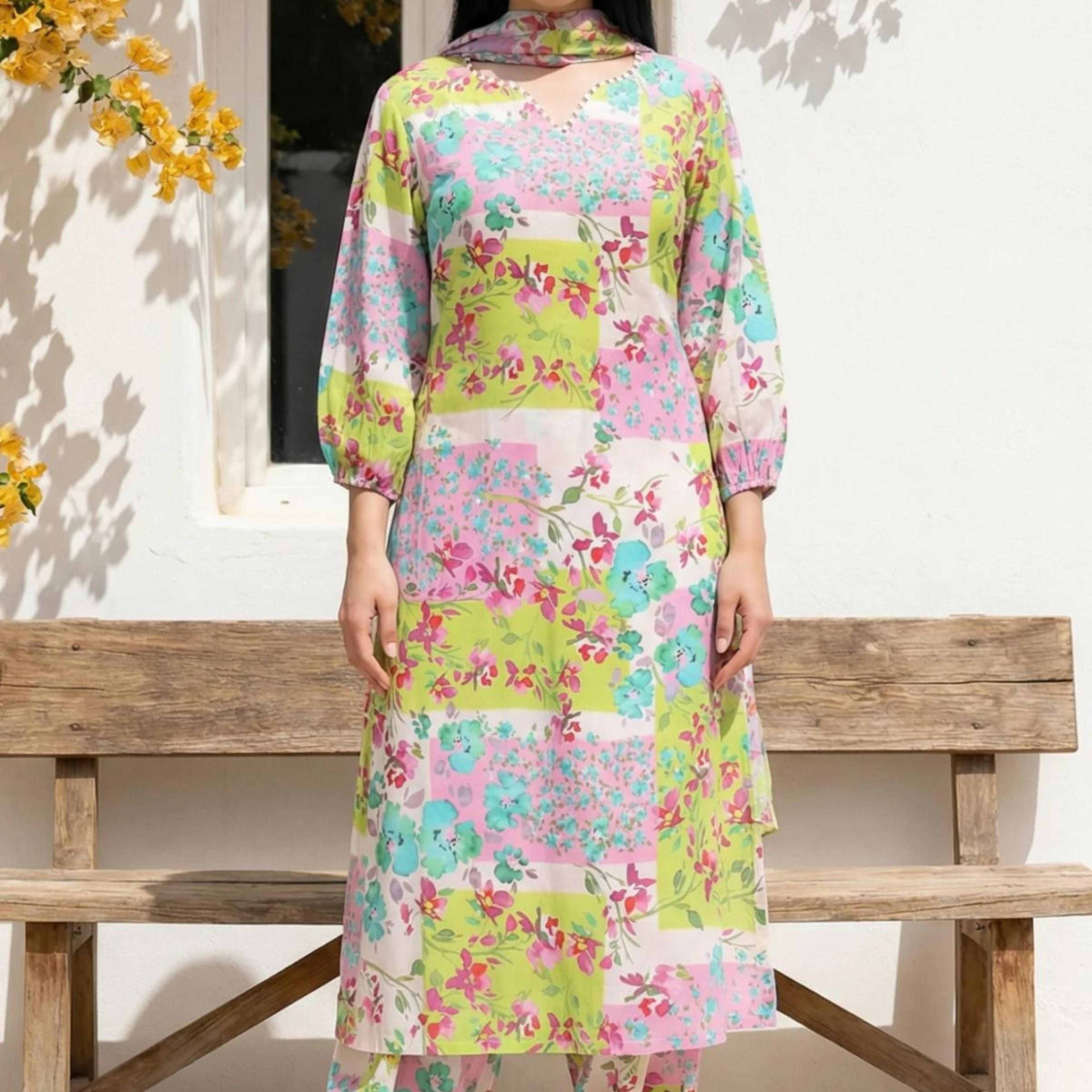 Multicolor Floral Printed Beadwork Modal Straight Kurta with Gathered Pant and Dupatta Set