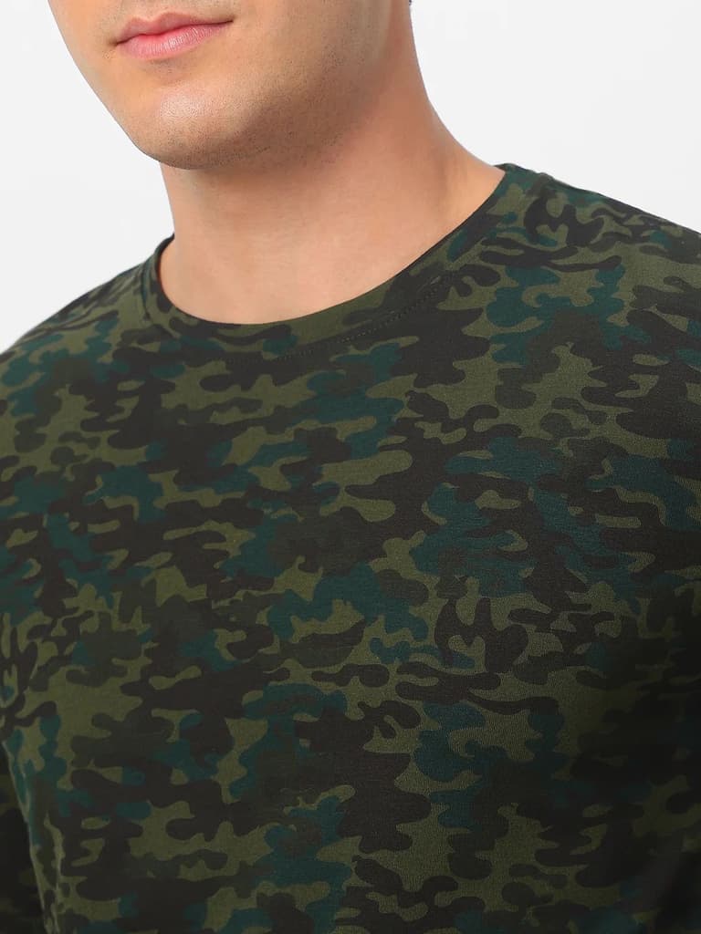 Men's Olive Green, Khaki Military Camouflage Printed Slim Fit Full Sleeve Cotton T-Shirt — photo 6