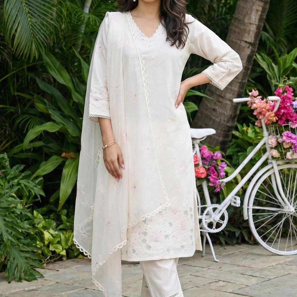 Off White Thread Embroidered Chanderi Straight Kurta with Straight Pants and Dupatta Set