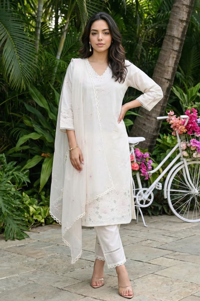 Off White Thread Embroidered Chanderi Straight Kurta with Straight Pants and Dupatta Set — XS