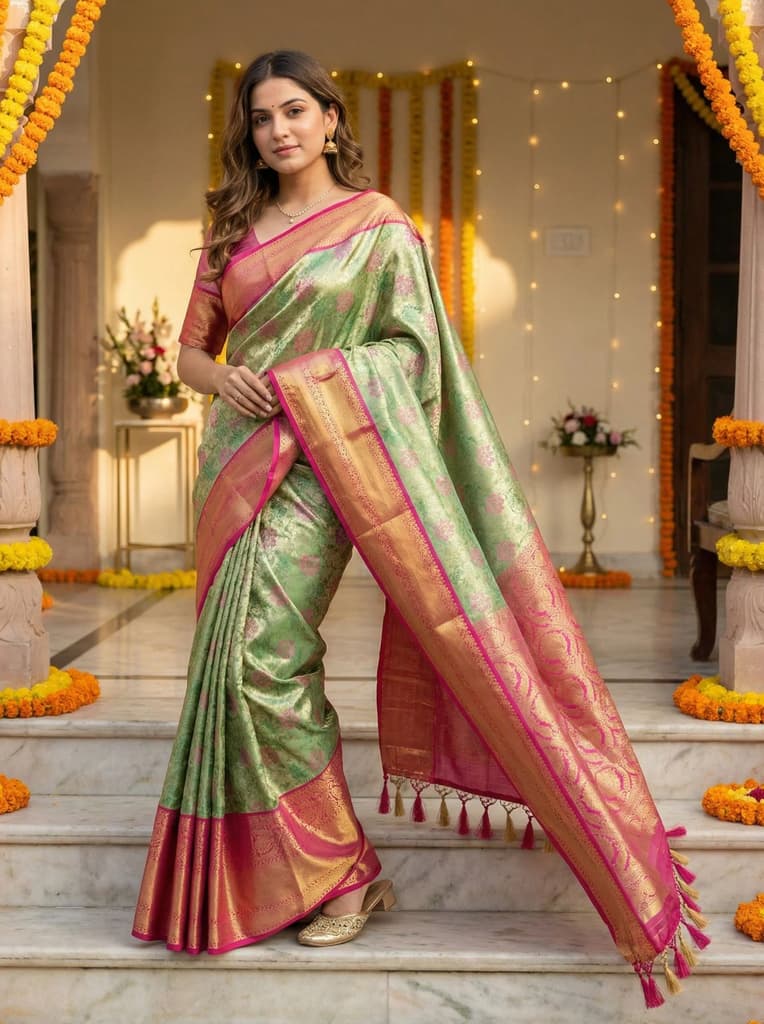 MIMOSA Women's Woven Design Kanjivaram Style Tissue Art Silk Saree with Blouse Piece - Green ( SA00002922GRNFREE ) — photo 3