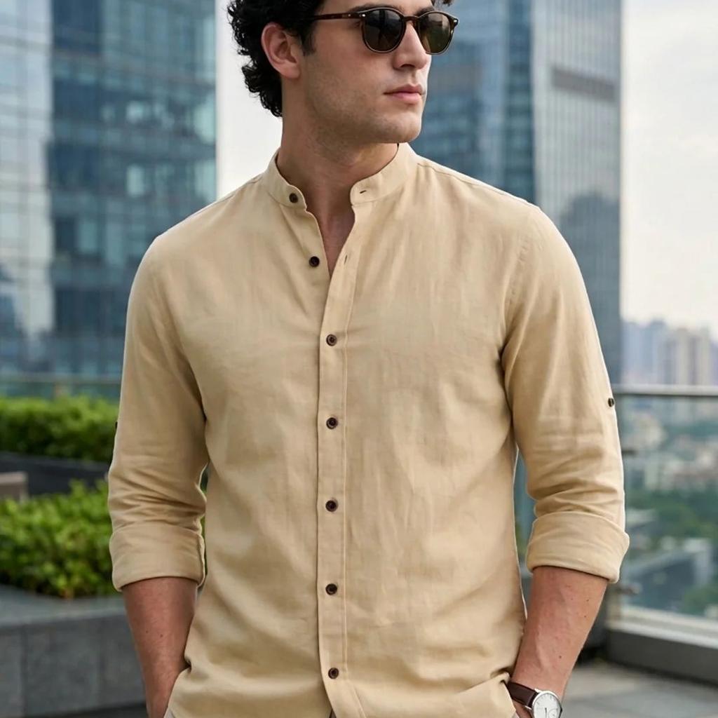 Men's Beige Linen Blend Full Sleeve Relaxed Fit Mandarin Collar Casual Solid Shirt