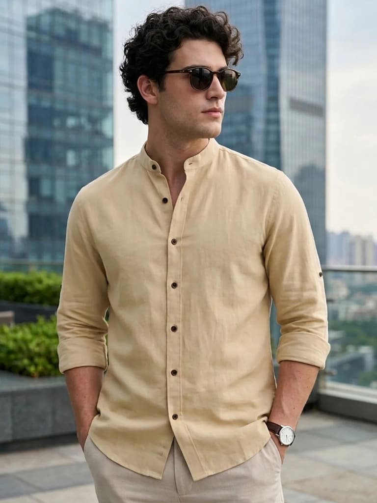 Men's Beige Linen Blend Full Sleeve Relaxed Fit Mandarin Collar Casual Solid Shirt — S / Beige