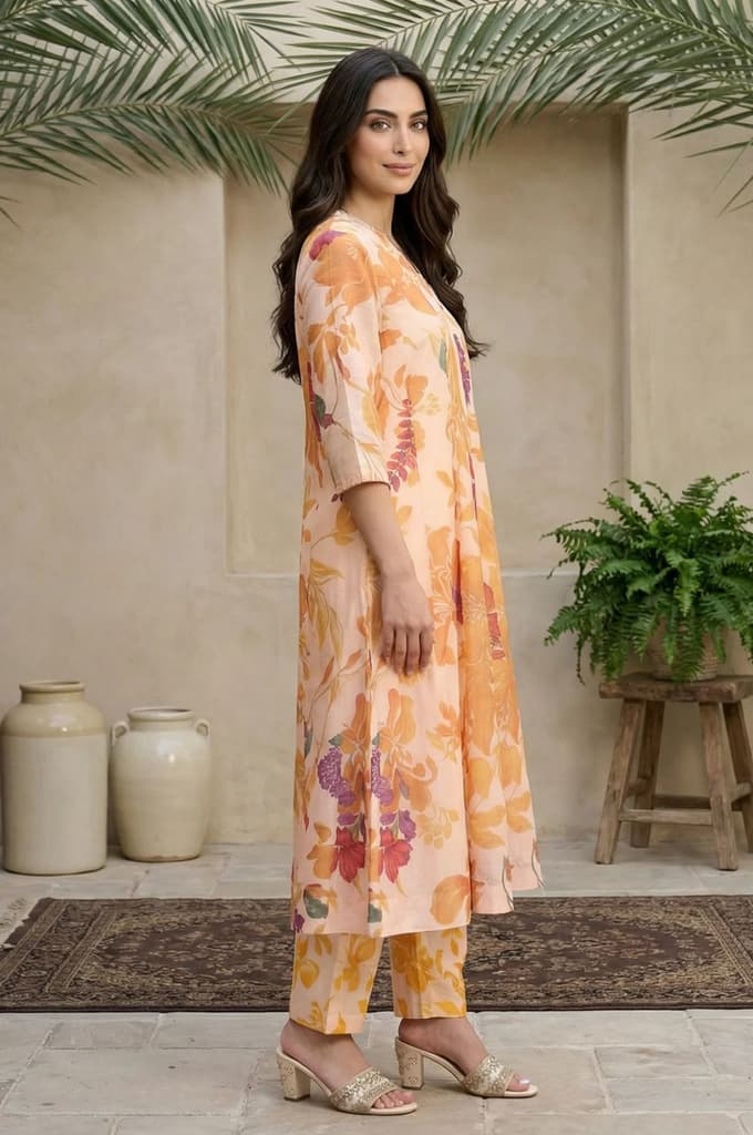 Peach Floral Printed A-Line Kurta with Straight Pant and Dupatta Set — photo 5