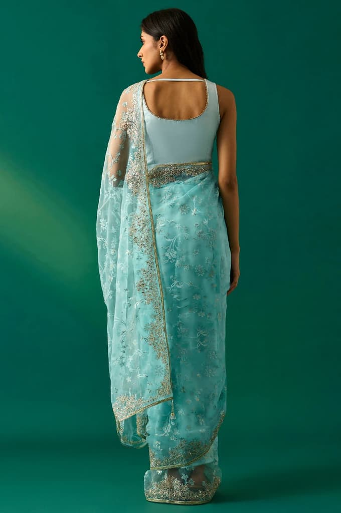 Light Blue Floral Printed Embroidered Zari Work Net Saree with Unstitched Blouse — photo 4