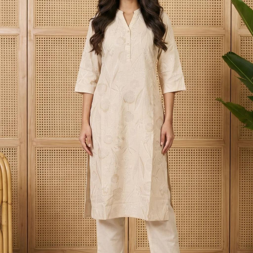 Beige Floral Printed Buttons Cotton Blend Straight Kurta with Pants Set