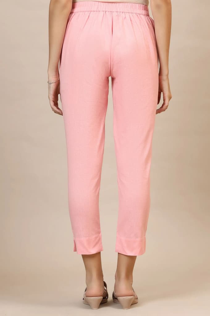 Pink Solid Slim Fit Cotton Trousers With Elasticated Waist — photo 3