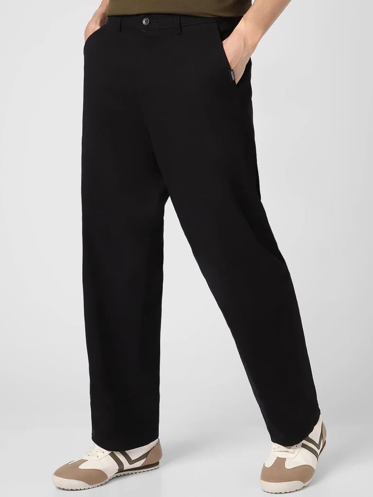 Men's Black Loose Baggy Fit Solid Chino Trousers Non-Stretchable — photo 2