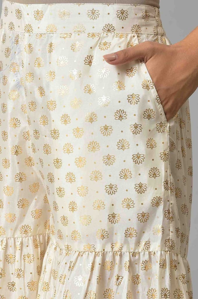 White Floral Printed Flared Silk Palazzo With Elasticated Waist — photo 7