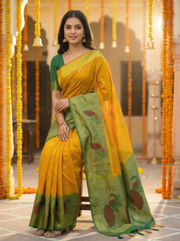 MIMOSA Women's Woven Design Paithani Style Raw Silk Saree with Blouse Piece - Mustard ( SA00003156MSFREE ) — photo 3