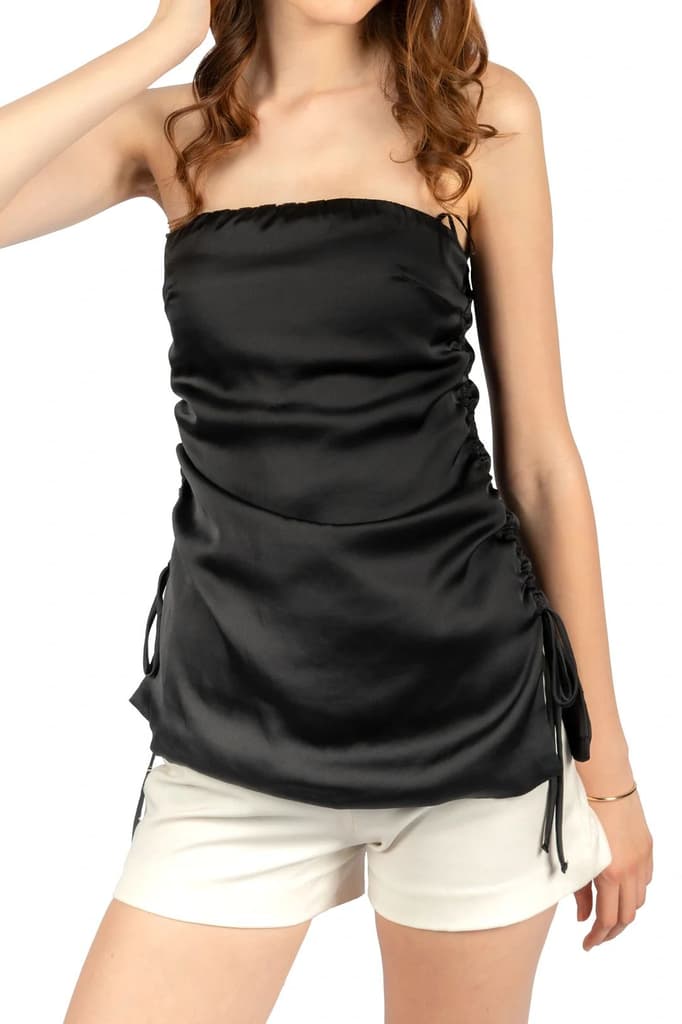 Black Solid Poly Satin Fitted Tube Top — photo 6