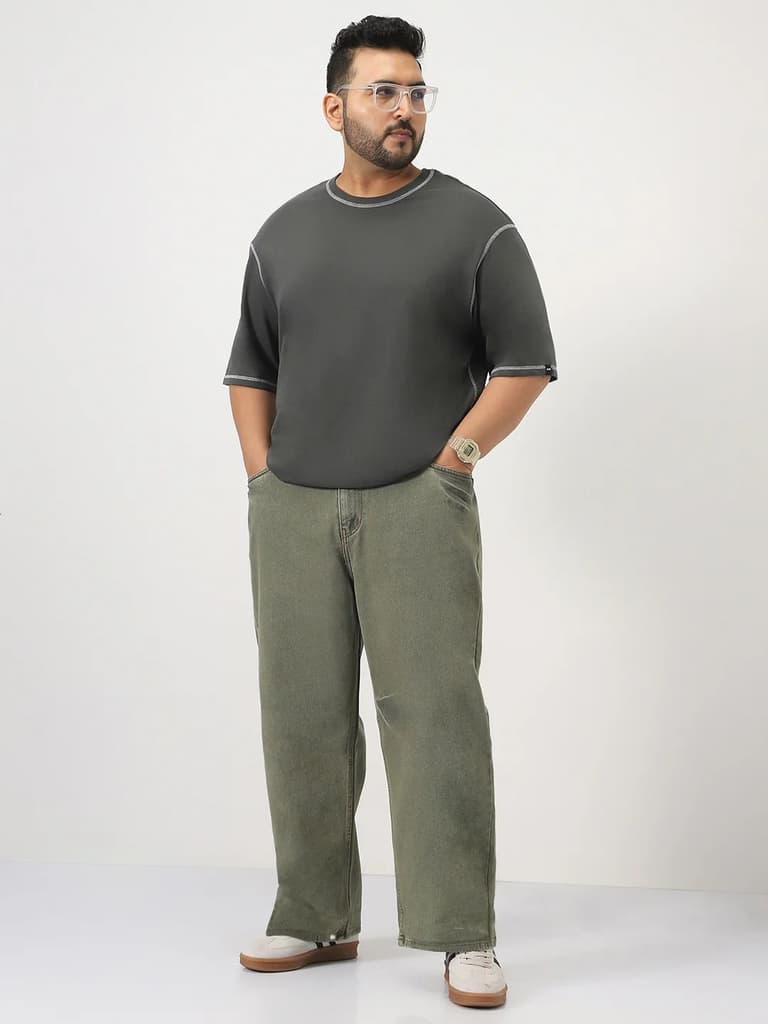 Plus Men's Light Green Loose Baggy Fit Washed Jeans Non-Stretchable — photo 4