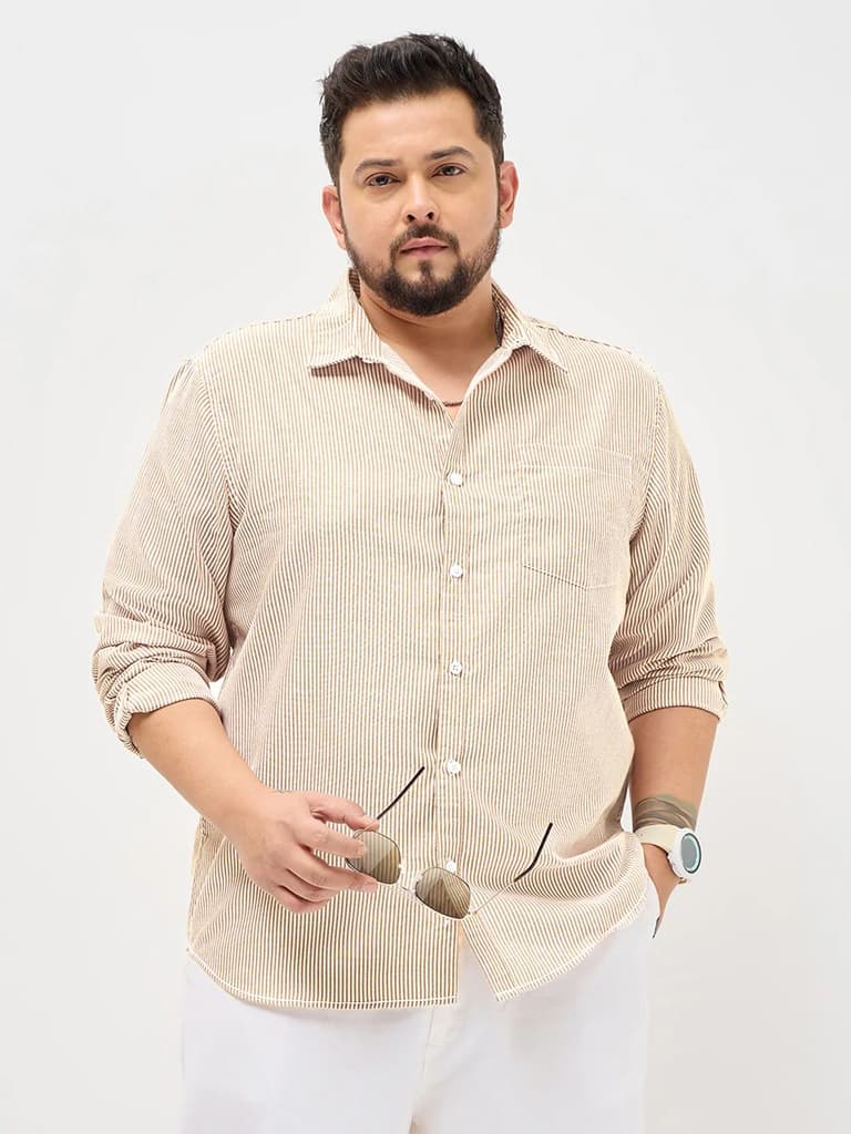 Plus Men's Pumpkin Spice Cotton Full Sleeve Regular Fit Casual Striped Shirt — photo 2