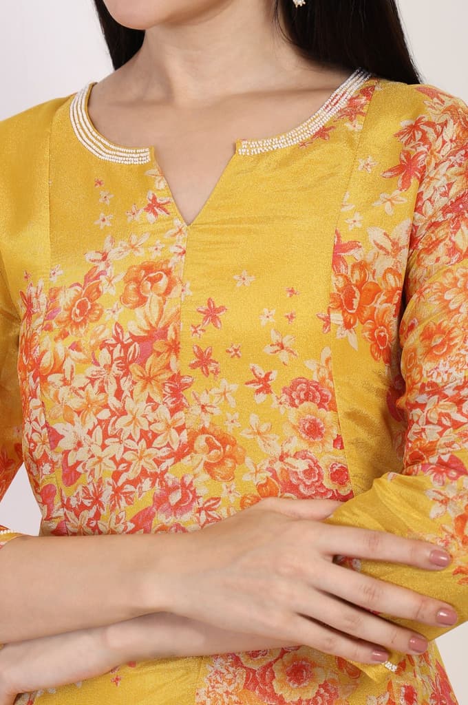 Yellow Floral Printed Beaded A-Line Tissue Kurta with Straight Pant Set — photo 3