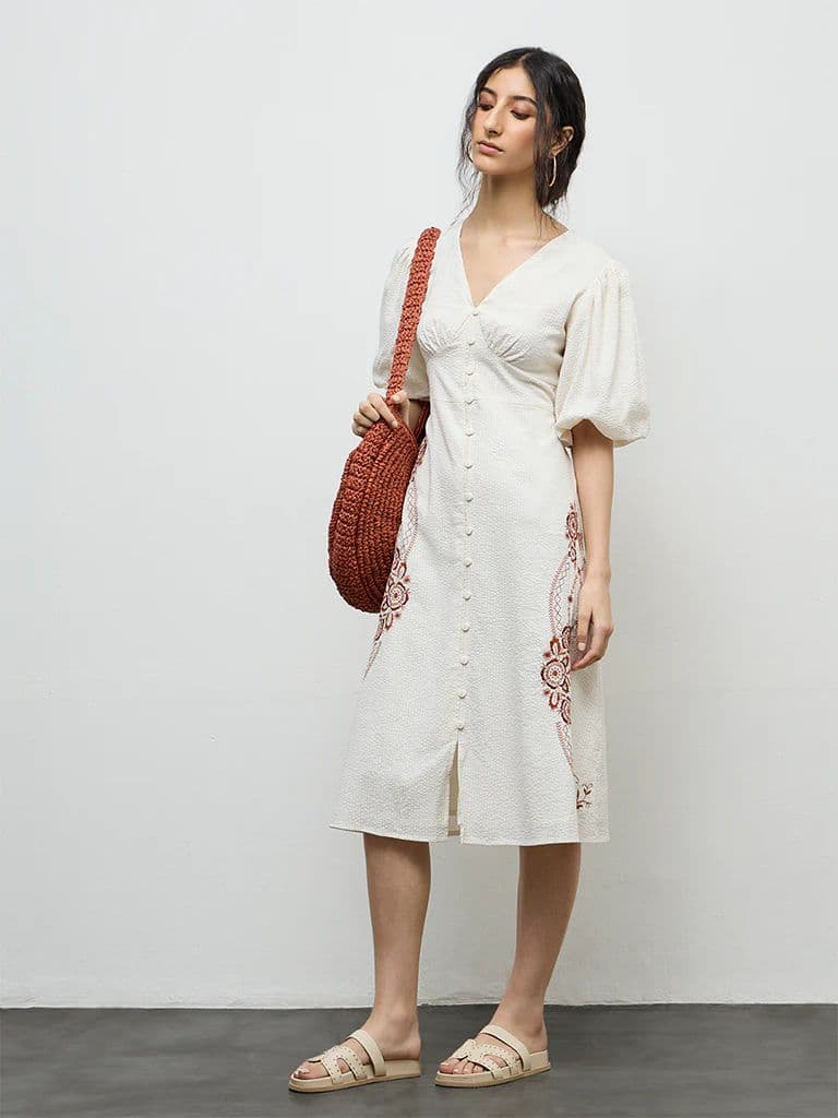 Bombay Paisley Off-White Embroidered Cotton A-Line Dress — photo 2